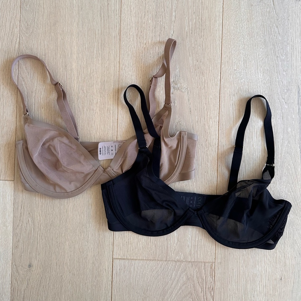 Set of 2 Cuup Plunge Mesh Bras - 32D Taupe & Black